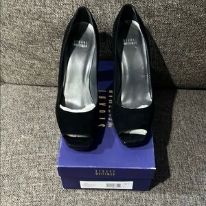 New with Box Stuart Weitzman black suede  'Tofu' peep toe pumps